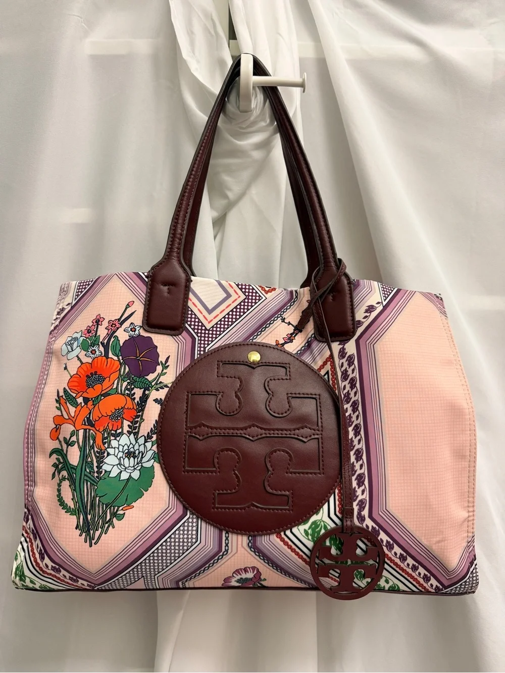 Tory Burch Pink Floral Logo Tote with Brown Leather Trim